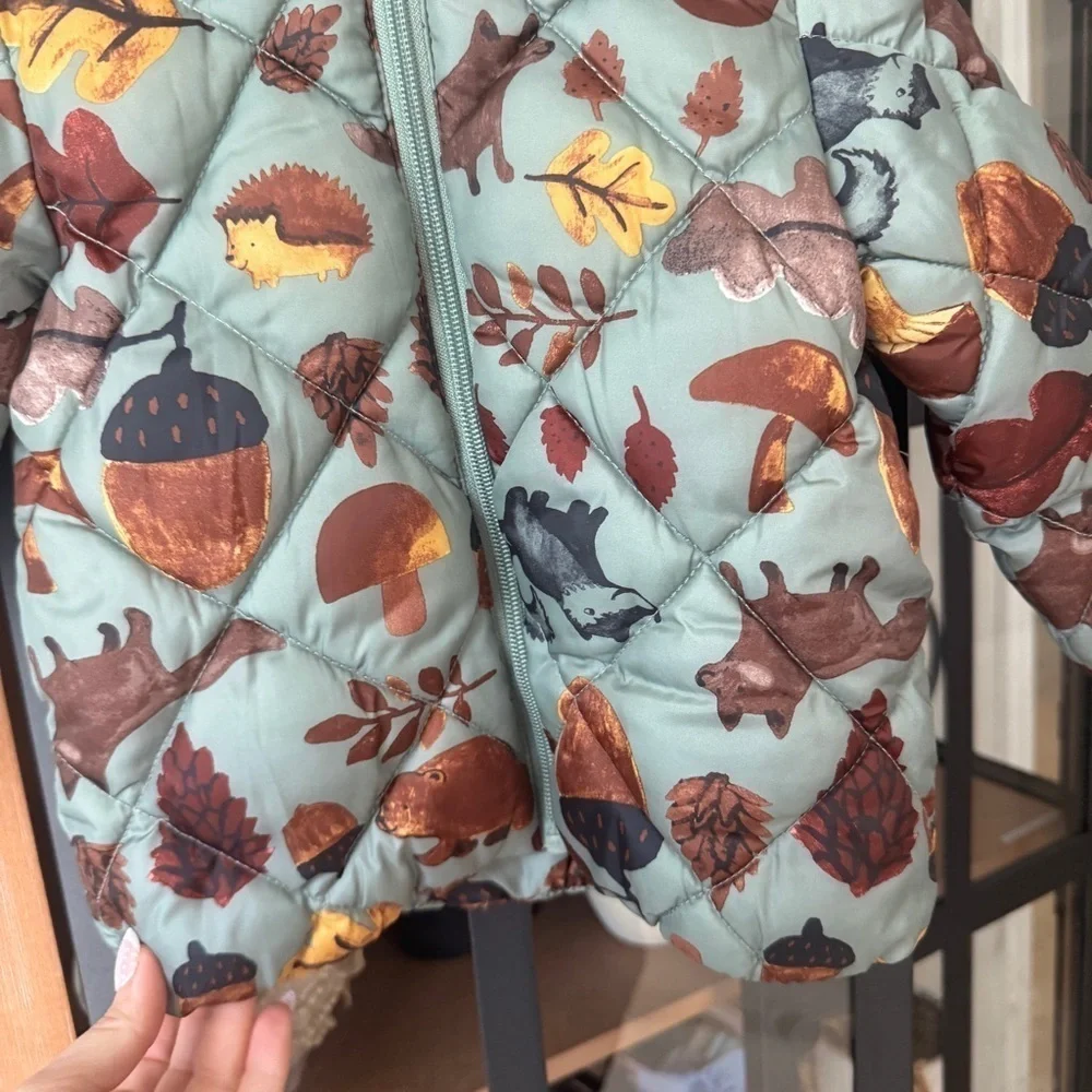 H&M puffer jacket hooded quilted baby boy unisex toddler sage forest animals